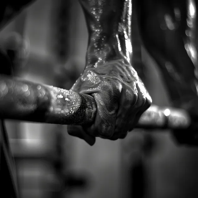 Close-up of a weightlifter’s hands gripping a barbell with chalk and sweat