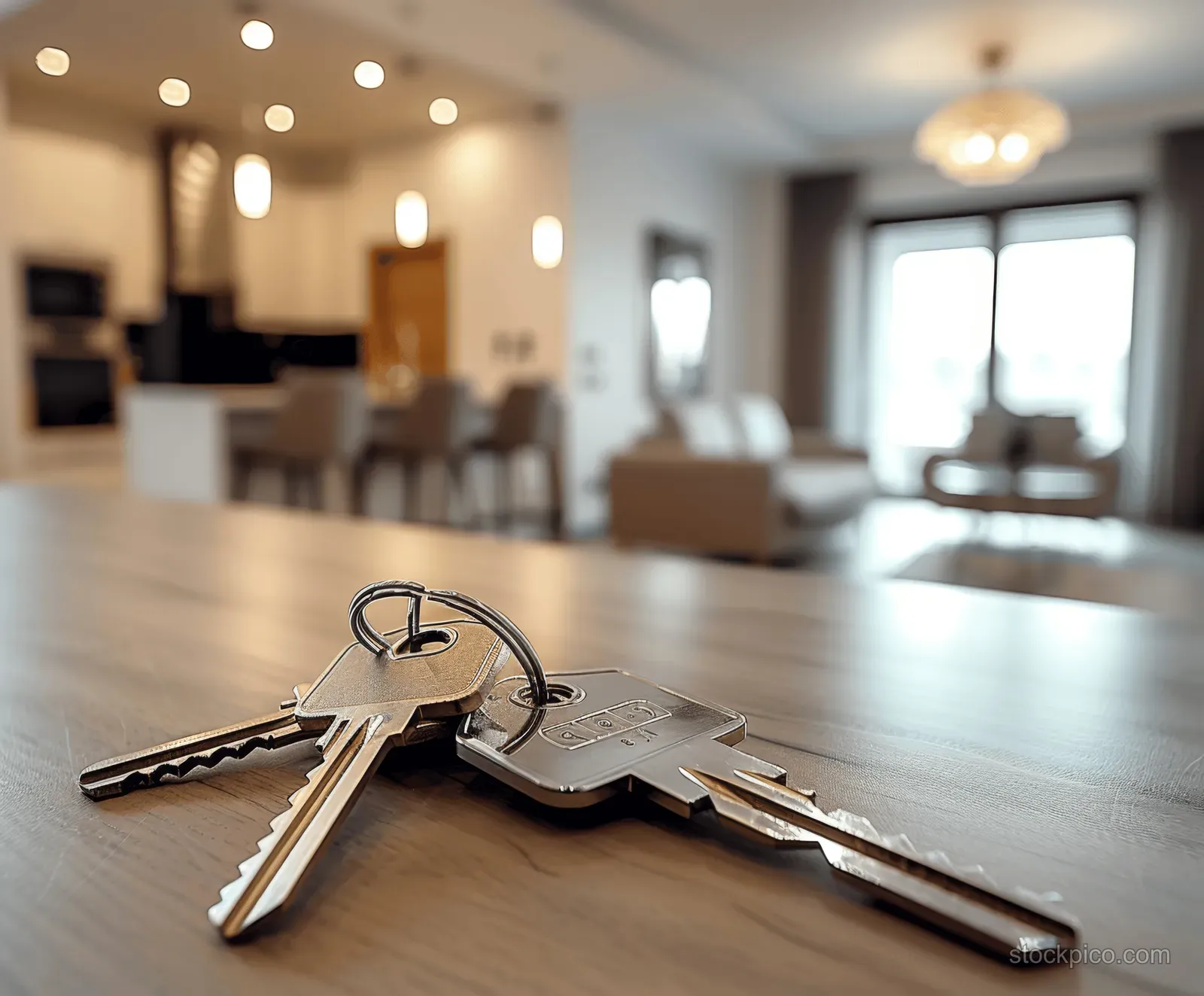 Apartment keys on a wooden table with a softly blurred living room interior in the background.