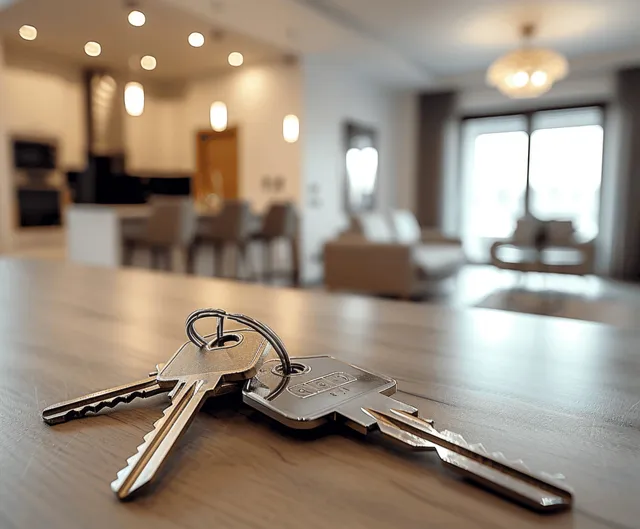 Apartment keys on a wooden table with a softly blurred living room interior in the background.