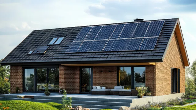 Modern brick house with solar-panel roof, patio seating on steps, and landscaped garden under a sunny blue sky.