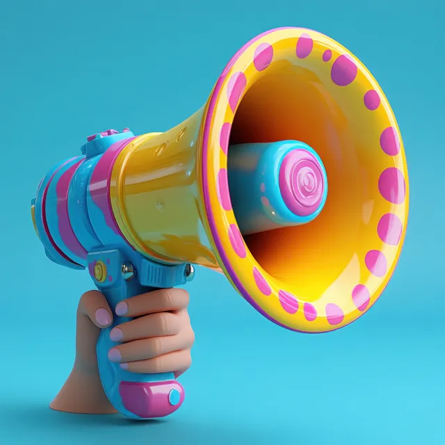 Cartoon hand holding a colorful 3D megaphone, angled toward the viewer on a plain blue background.