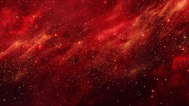 Red cosmic nebula background with golden dust particles and glowing starlike sparks.