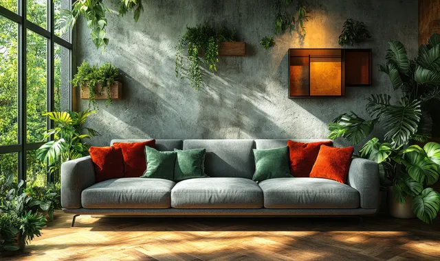 Gray sofa with orange cushions sits against a textured concrete wall surrounded by potted plants and warm light.