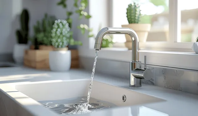 Modern kitchen sink with running faucet water, sunlit countertop, cacti plants