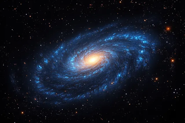 A blue spiral galaxy with a bright golden core and scattered glowing stars drifting through dark space.