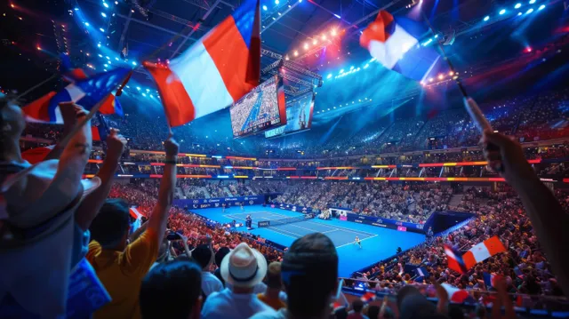 Fans wave French flags in a lit tennis stadium while players rally on the blue court.