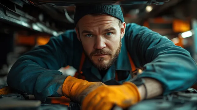A mechanic under a car in a garage, tightening engine parts with gloved hands under bright workshop lights.