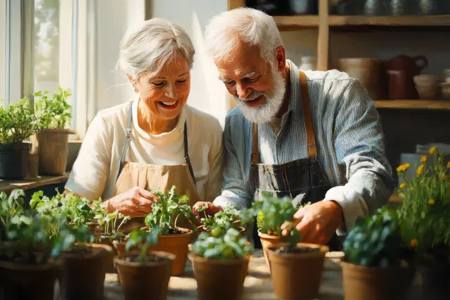 An elderly couple in aprons tends potted plants in a bright indoor room filled with greenery.