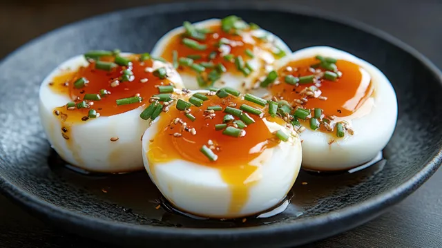 Halved soft boiled eggs on a black plate topped with chopped green herbs and pepper.