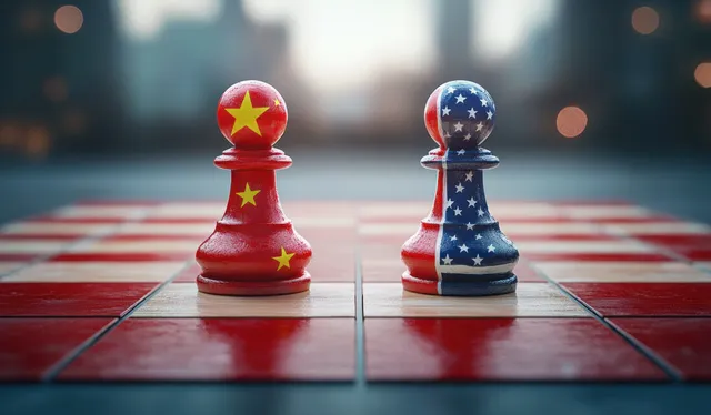 USA and China flag chess pawns facing off on a board under tension
