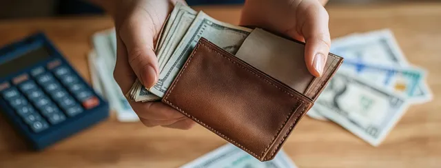 An Asian woman holds an empty wallet beside unpaid bills, a calculator, and scattered cash on the floor.
