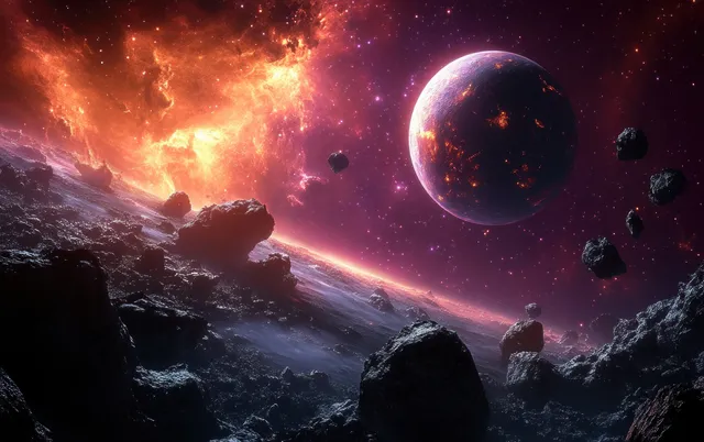 Glowing nebula over dark rocks with a distant planet and multiple asteroids drifting in space.