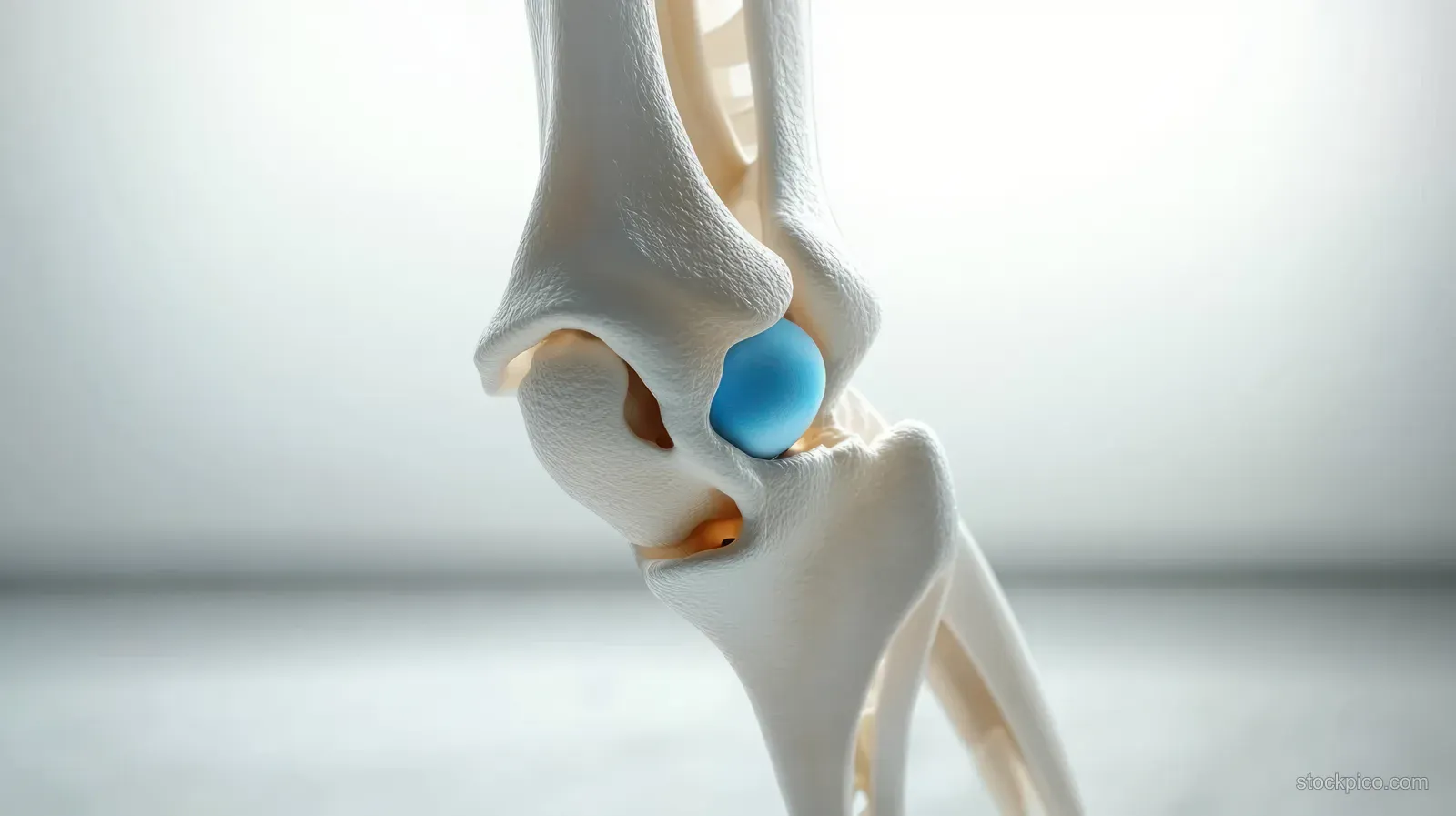 Close-up view of a knee joint anatomy model with blue meniscus and textured cartilage under soft lighting.