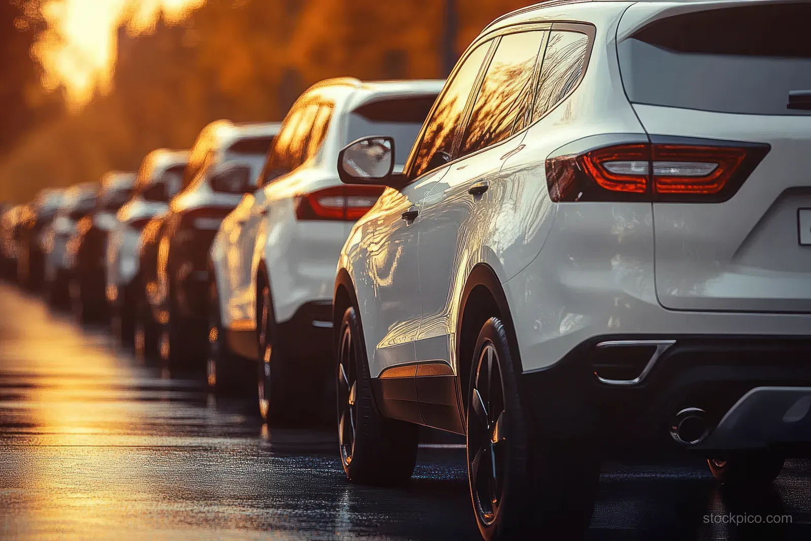 White SUVs lined up on a wet street as golden-hour sunlight reflects off their glossy bodies.
