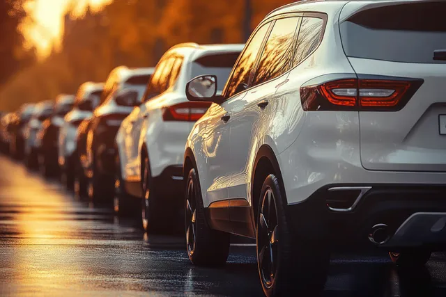 White SUVs lined up on a wet street as golden-hour sunlight reflects off their glossy bodies.