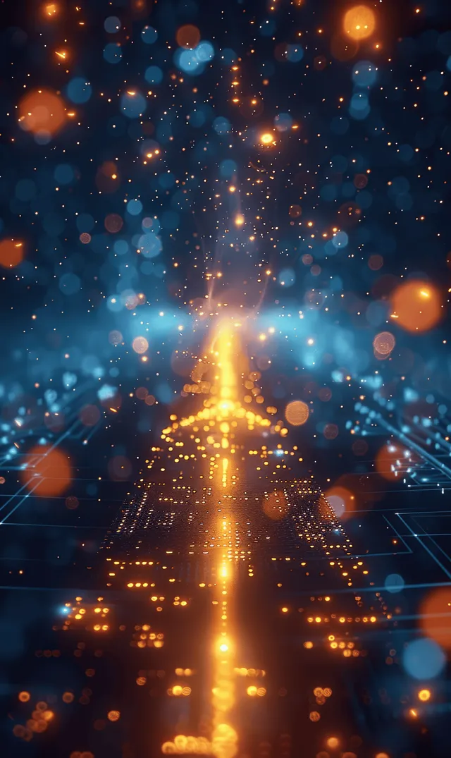 A glowing circuit-like path extends into a dark digital space with orange light trails and blue bokeh particles.