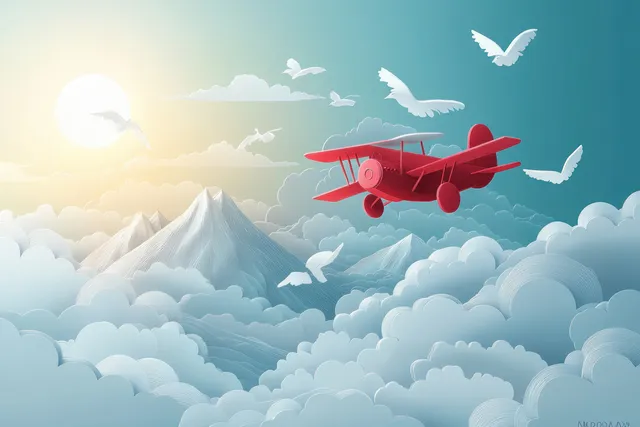 Red biplane flying through fluffy paper clouds as birds soar above a bright horizon