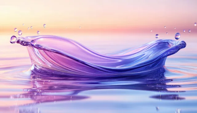 Close-up violet water splash with a curling crest and suspended droplets reflecting pink and blue sunset tones.