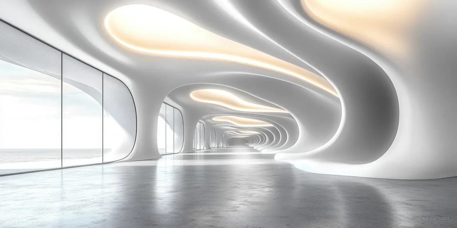Empty futuristic white corridor with curved walls and glowing ceiling light strips fading into the distance.