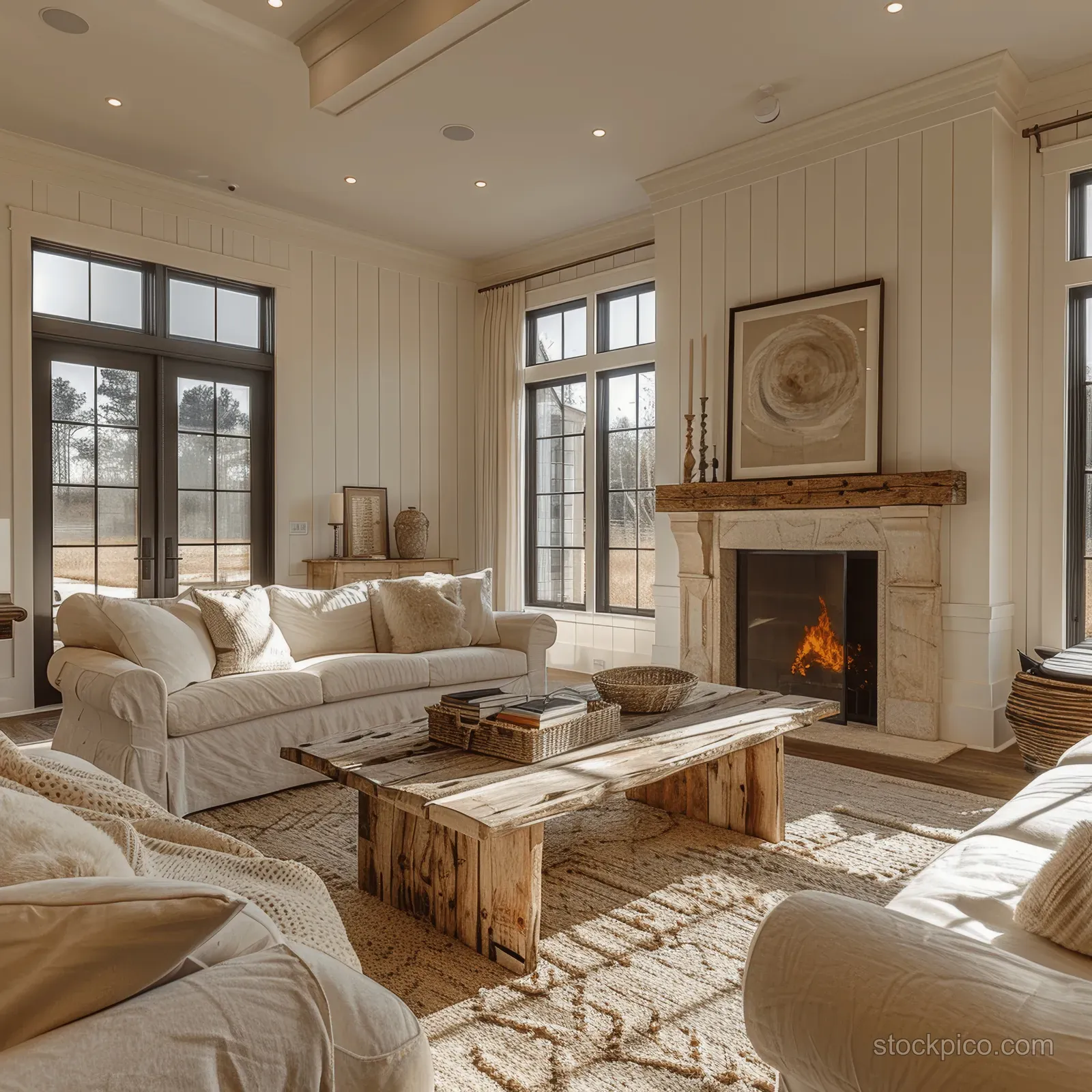 Bright modern farmhouse living room showing white walls, wooden coffee table, and a glowing fireplace by large windows.