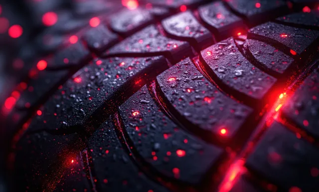 Close-up of red tire treads with wet texture and glowing bokeh lights