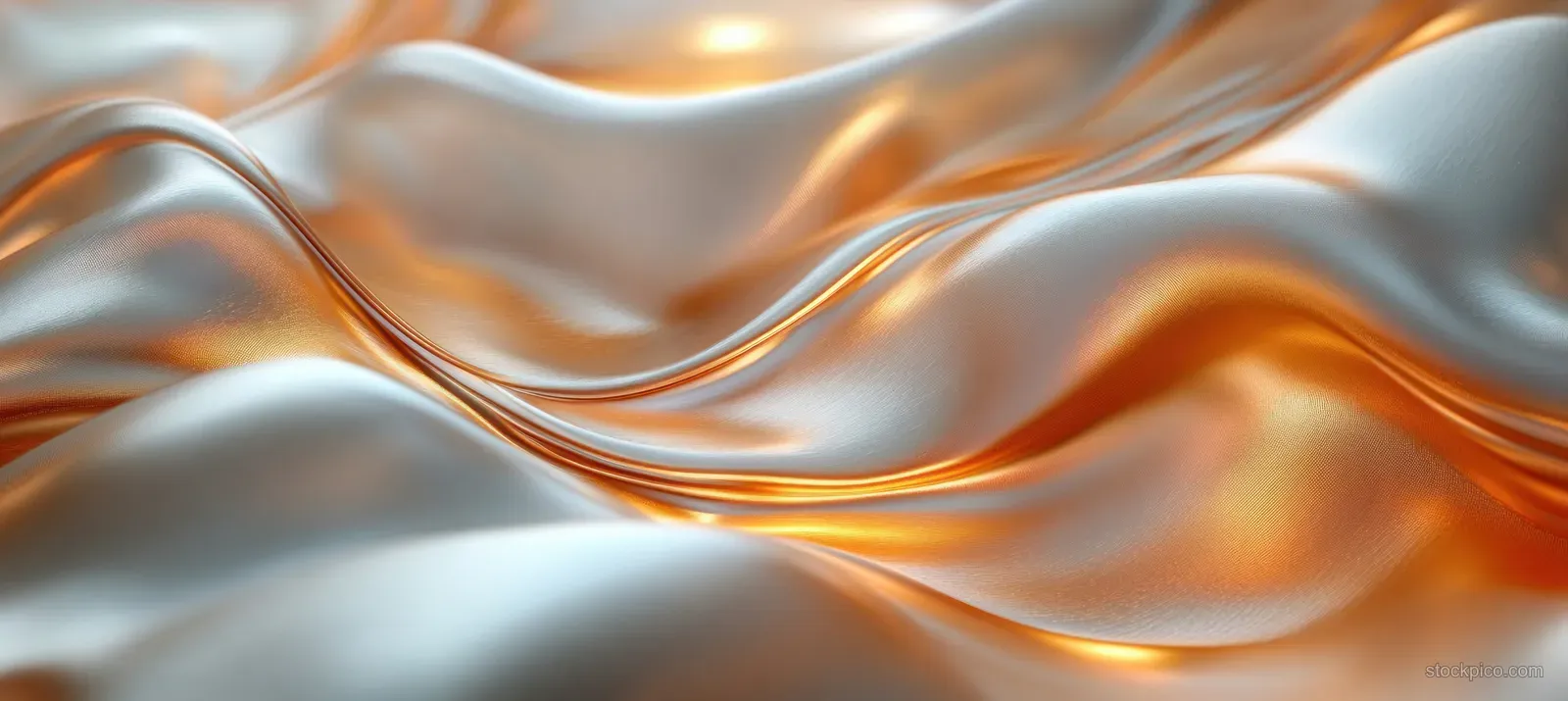 Fluid copper and bronze ribbon waves blend across a soft metallic gradient background.