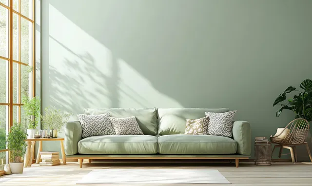 Sunlit Scandinavian living room showing a soft green sofa with patterned cushions against an empty wall.