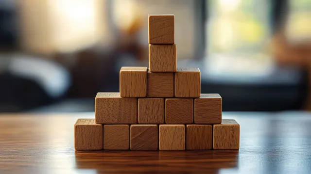 A pyramid of stacked wooden cube blocks sits on a wooden tabletop with a softly blurred background.