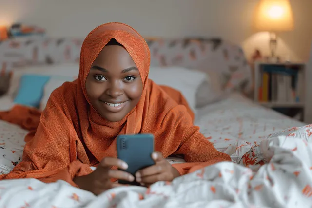 Young African Muslim woman in hijab smiling while texting on a smartphone in bed