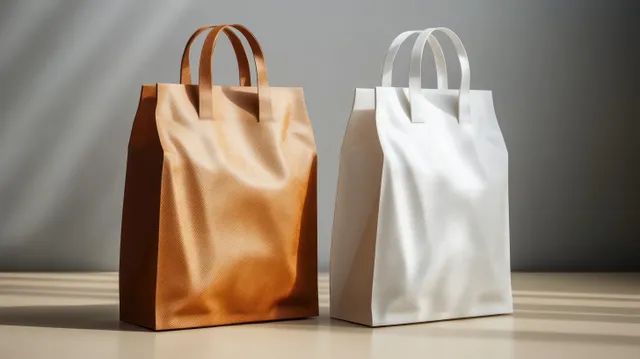Brown and white minimalist paper shopping bags with clear zip-top closures sit on a gray studio backdrop.