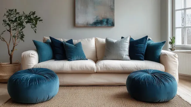 White sofa with blue cushions and two round ottomans beneath abstract wall art beside a bright window.