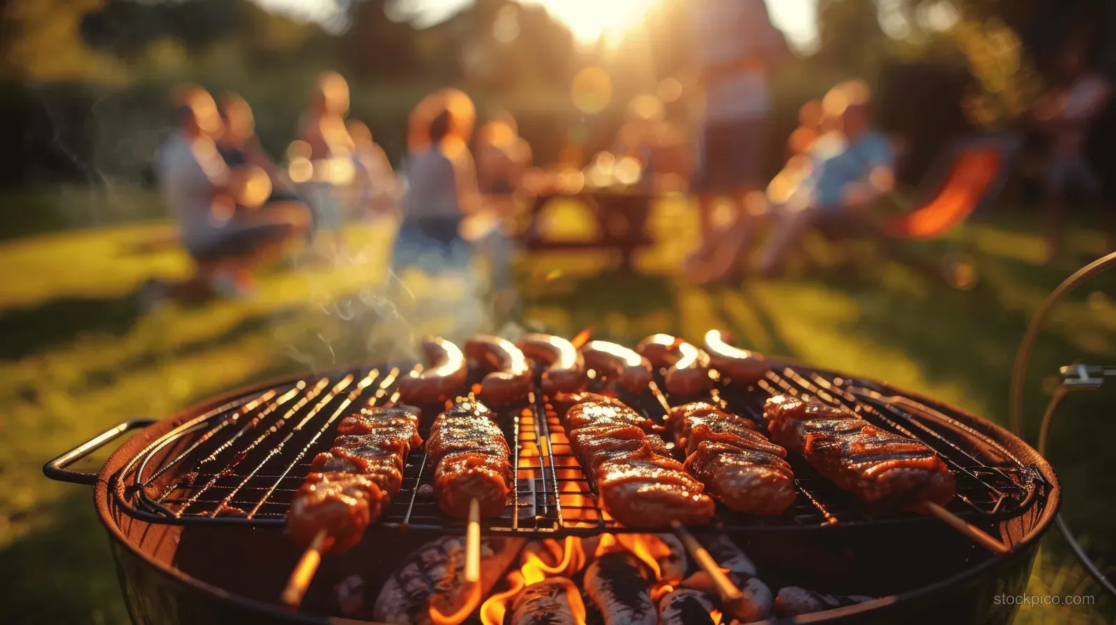 Sausages and steaks sizzle on a charcoal grill while a backyard picnic with people stays softly blurred behind it.