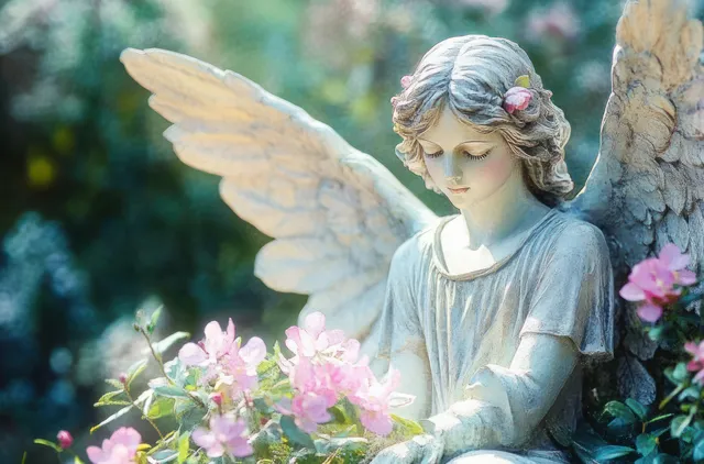 Serene angel statue holding pink flowers in a garden with soft spring bokeh light