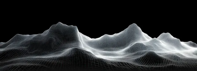 White 3D wireframe mountain terrain with peaks and valleys on black digital background