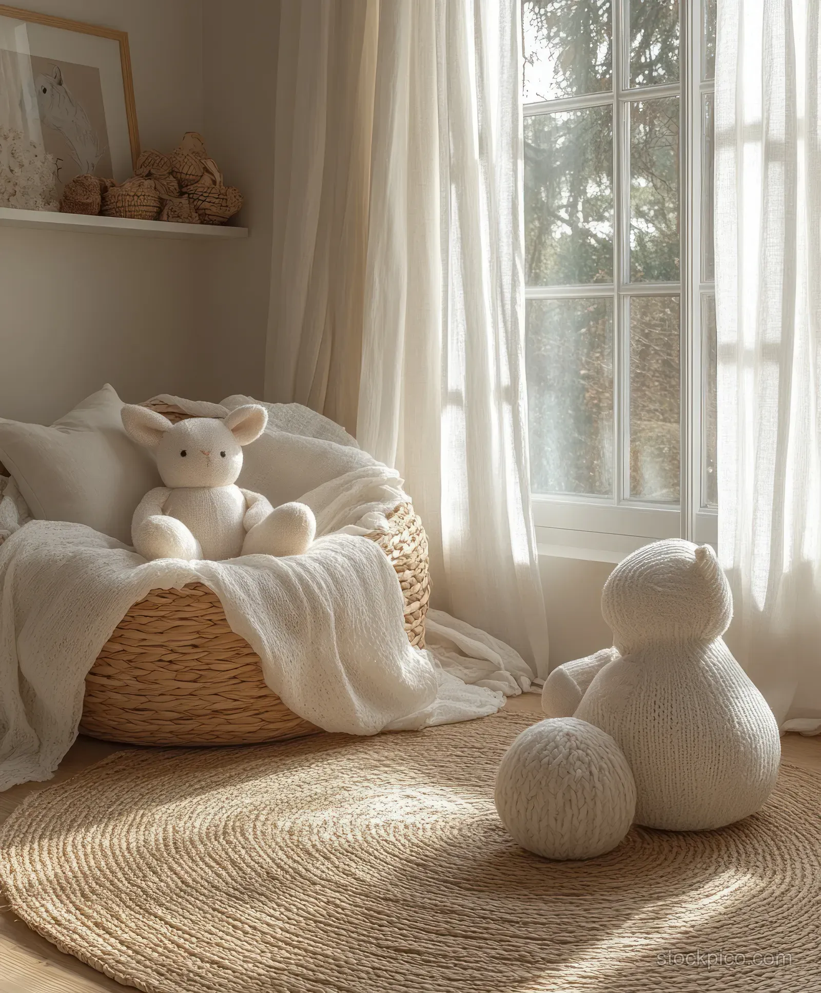 Soft teddy toys sit on a blanket and rug beside a window in a Scandinavian children’s room.
