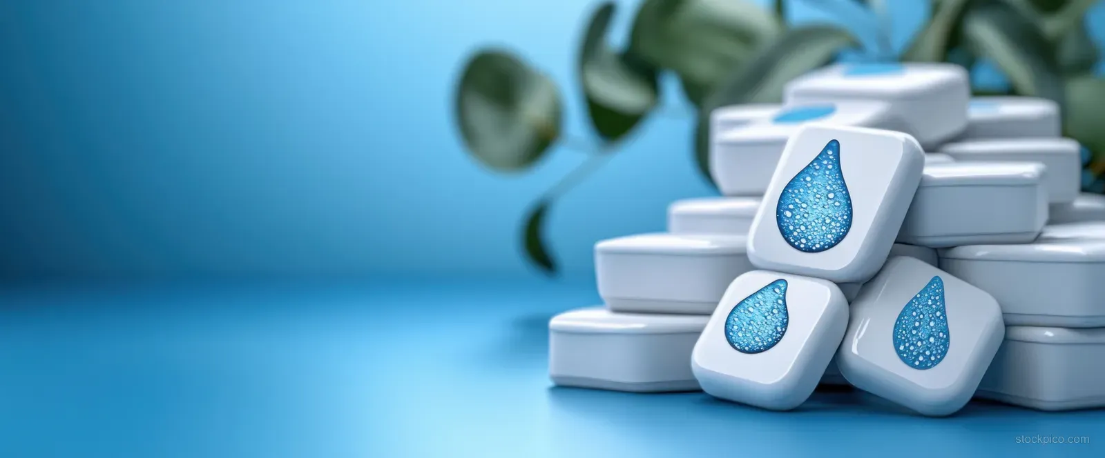Stacked white 3D tiles with small blue droplet icons on a soft blue gradient background.