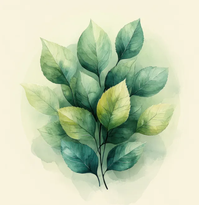 Watercolor cluster of green leaves arranged as a soft frame on a pale background.
