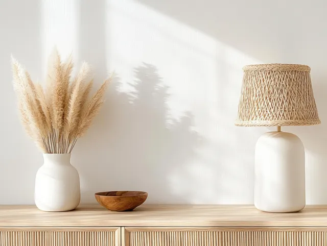 White ceramic vase with pampas grass and a wicker lamp placed on a wooden sideboard in soft natural light.