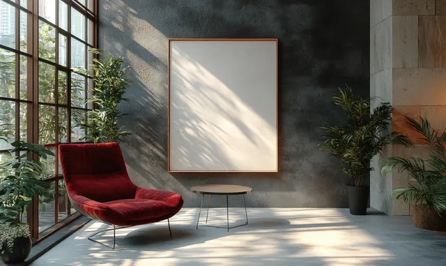Burgundy armchair and framed blank canvas on a dark wall in a sunlit interior with plants and soft shadows.
