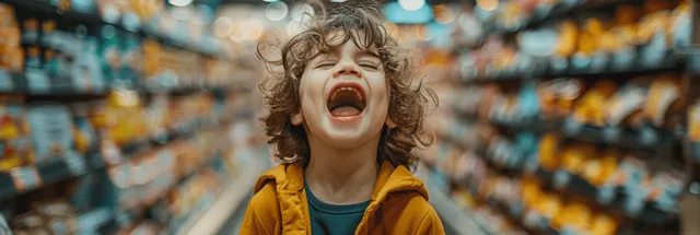 A crying child stands in a grocery store aisle with colorful product shelves and blurred shoppers behind.