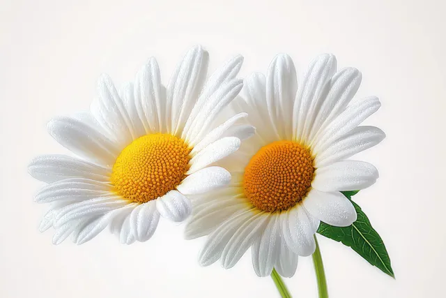 Two white daisies with yellow centers and dew-covered green leaves against a clean light background.