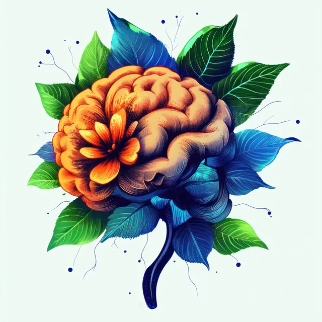 Surreal brain blooms from an orange flower with teal petals and green leaves on a white background.