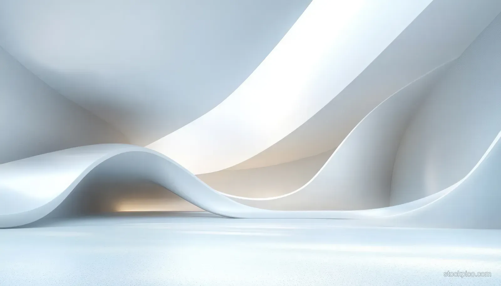 Minimal white room with curved wave-like walls, soft shadows, and light reflections on smooth surfaces.