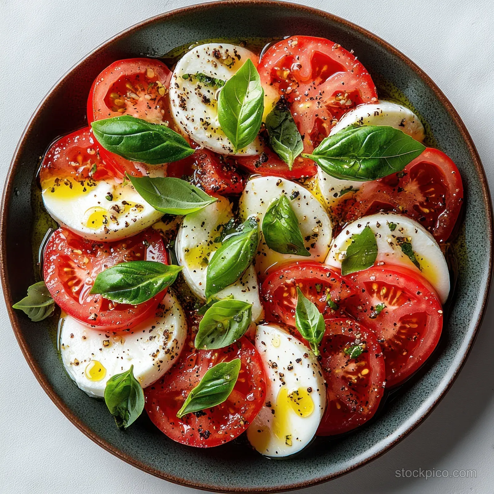 Caprese salad with tomato slices, mozzarella, basil leaves, and olive oil on a dark plate.