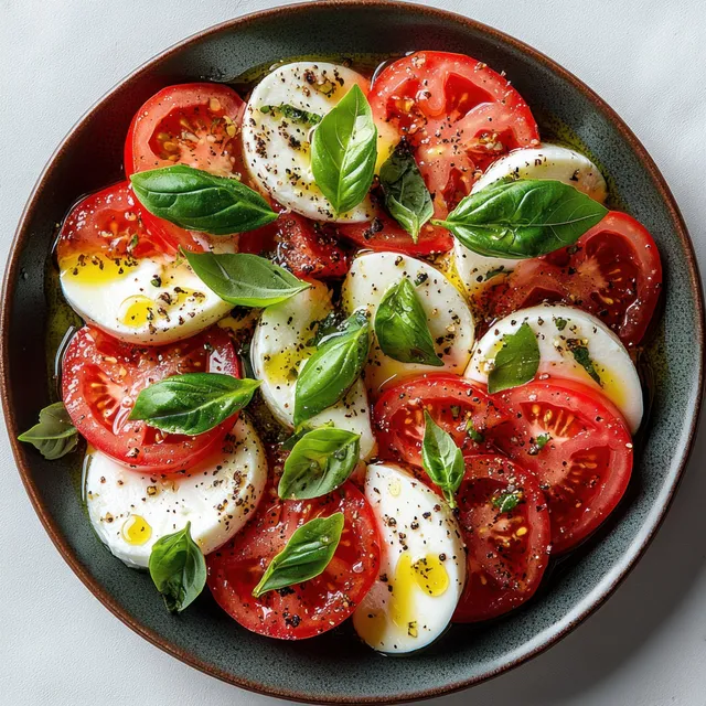 Caprese salad with tomato slices, mozzarella, basil, and olive oil drizzle