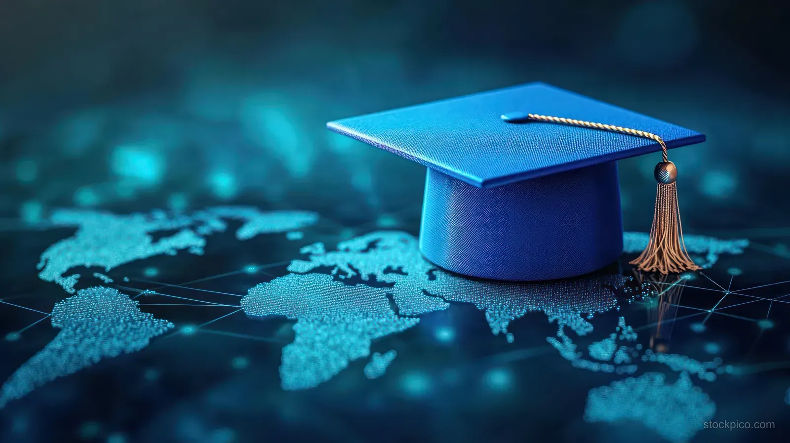 Blue graduation cap with gold tassel placed on a glowing digital world map background.