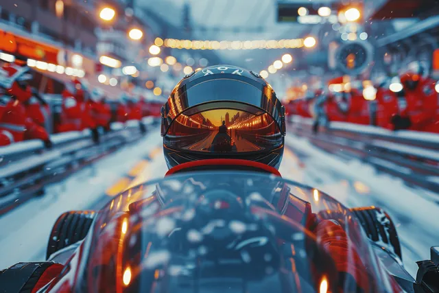 Helmet close-up of a bobsleigh racer starting on a snowy night track with a red crowd and city lights behind.