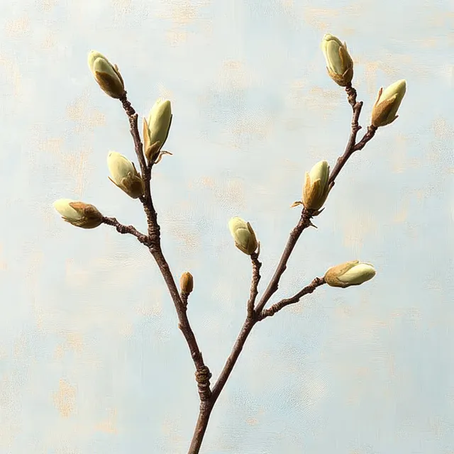 A close-up blossoming branch with pale yellow flower buds rises against a light softly textured background.