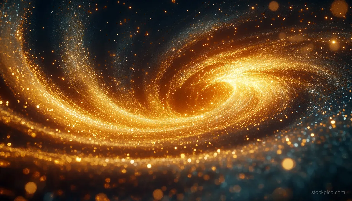 Golden spiral galaxy with luminous stars and drifting cosmic dust glowing in a dark deep-space scene.