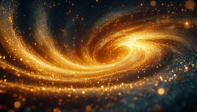 Golden spiral galaxy swirling with luminous stars and cosmic dust in deep space